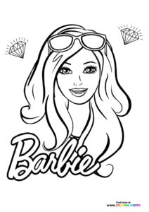 Barbie with sunglasses on her head, long wavy hair, and diamonds around her coloring page