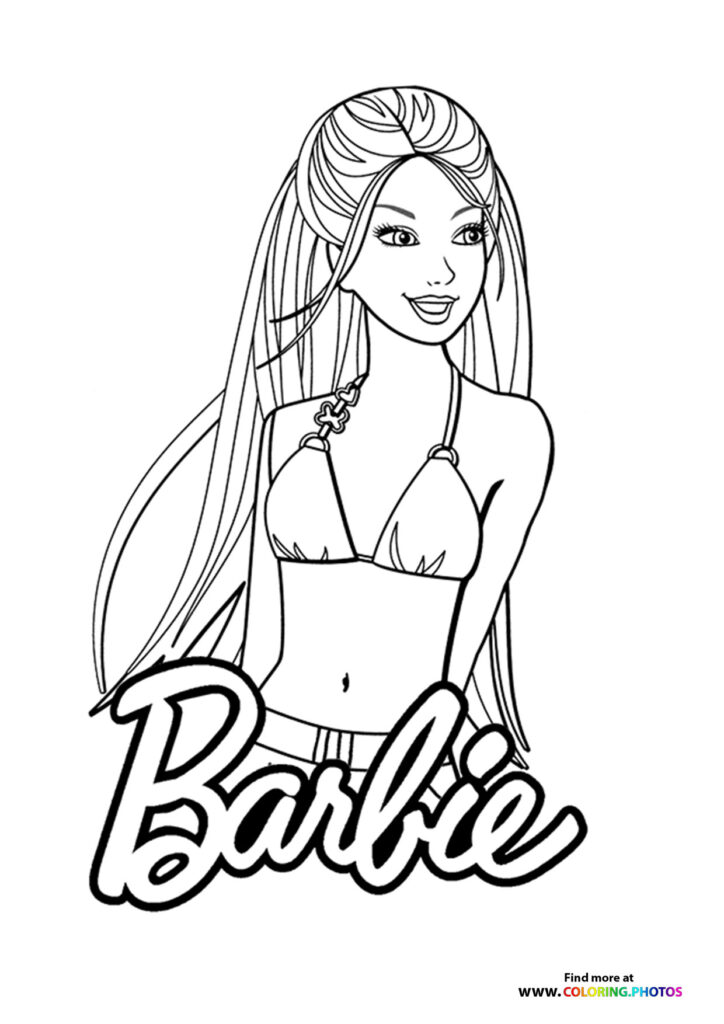 Barbie in a bikini with long flowing hair smiling at the camera coloring page