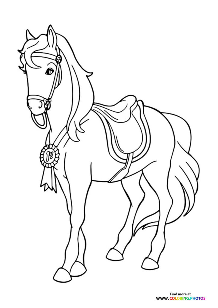 Barbie horse with saddle, bridle, and decorative ribbon medal coloring page