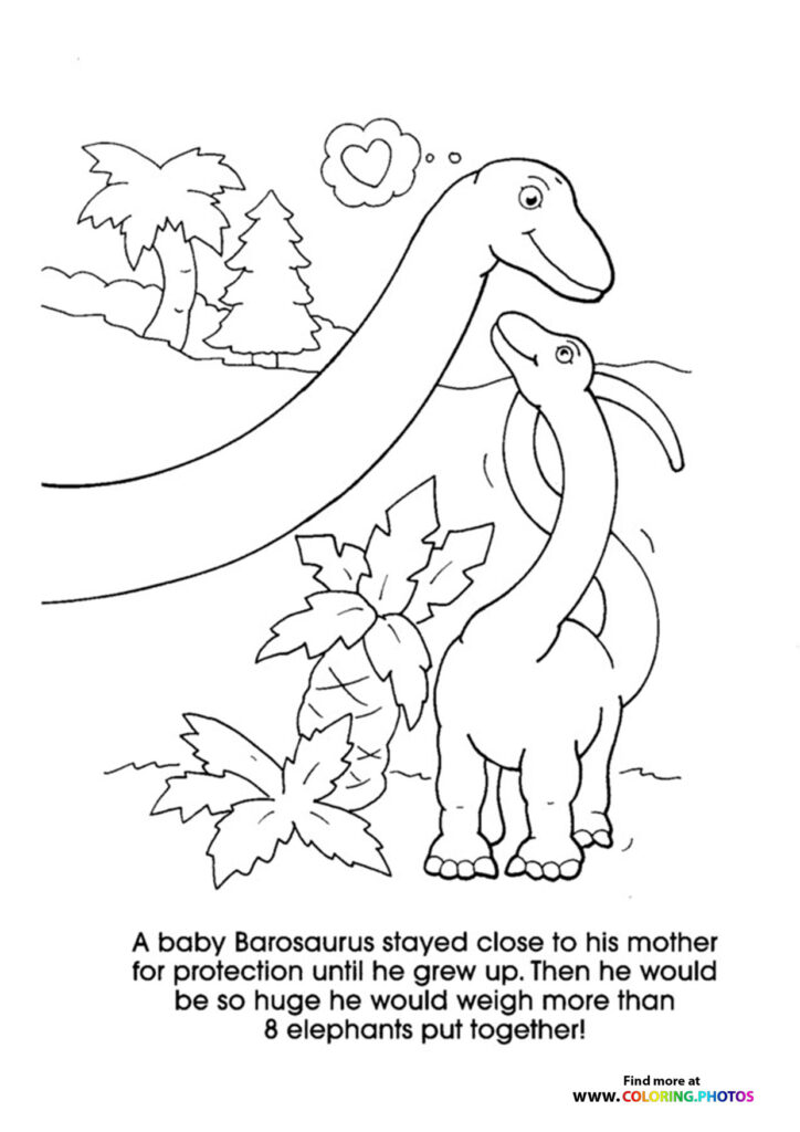 Baby Barosaurus with mother dinosaur bending her neck protectively over her young in a prehistoric forest coloring page