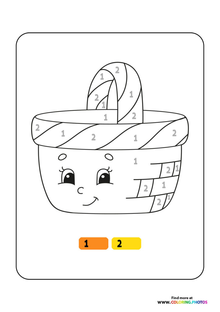 Cute smiling basket with woven pattern and decorative handles color by number coloring page