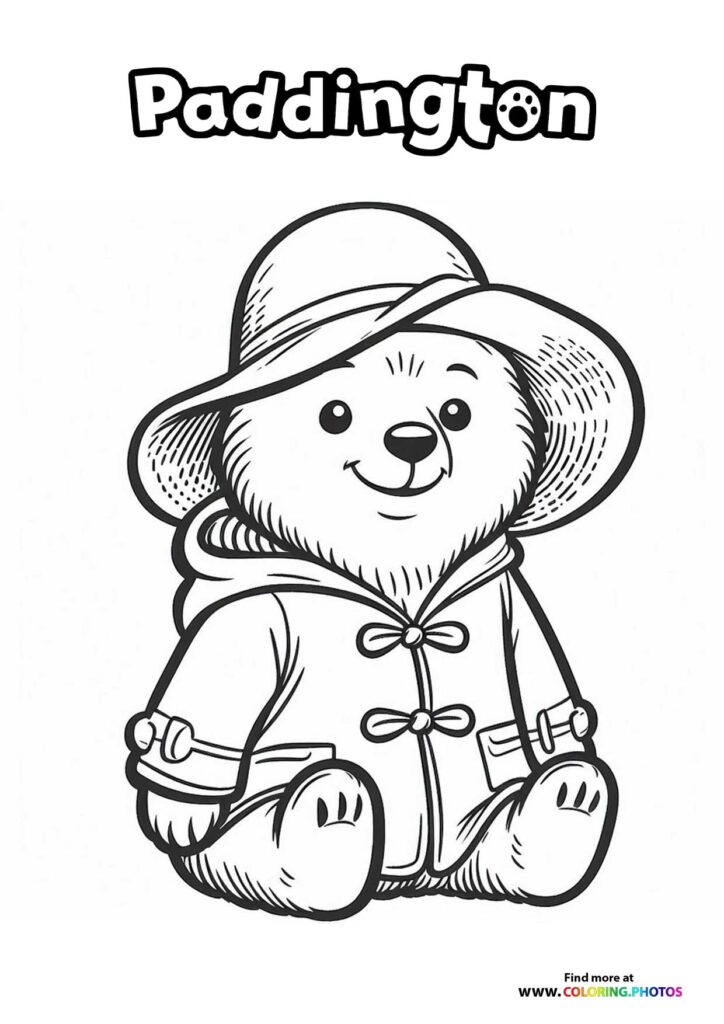 Paddington the bear wearing his blue duffle coat and wide-brimmed hat coloring page from Paddington in Peru