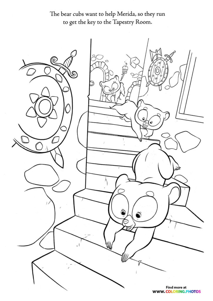 Three bear cubs climbing stairs in a castle to find the Tapestry Room key coloring page from Brave