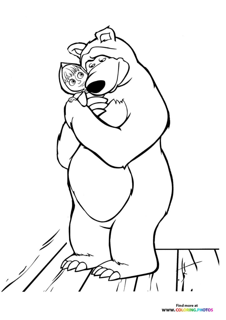Bear holding little Masha in his arms with a warm expression, Masha and the Bear coloring page