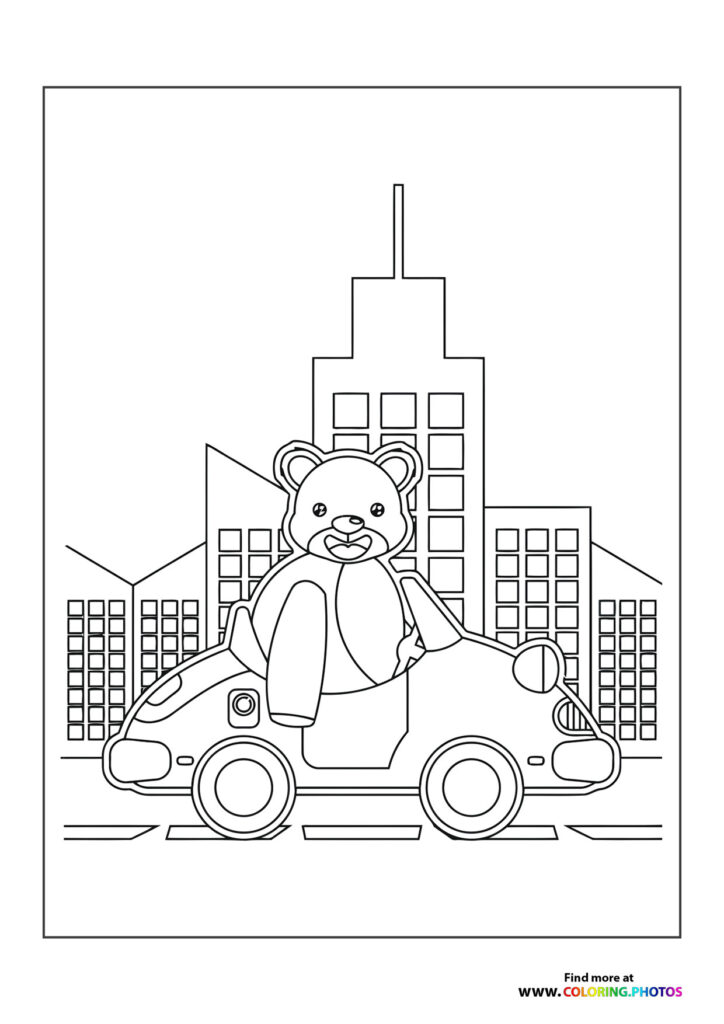 Giant teddy bear sitting in a toy car with city buildings in the background, coloring page