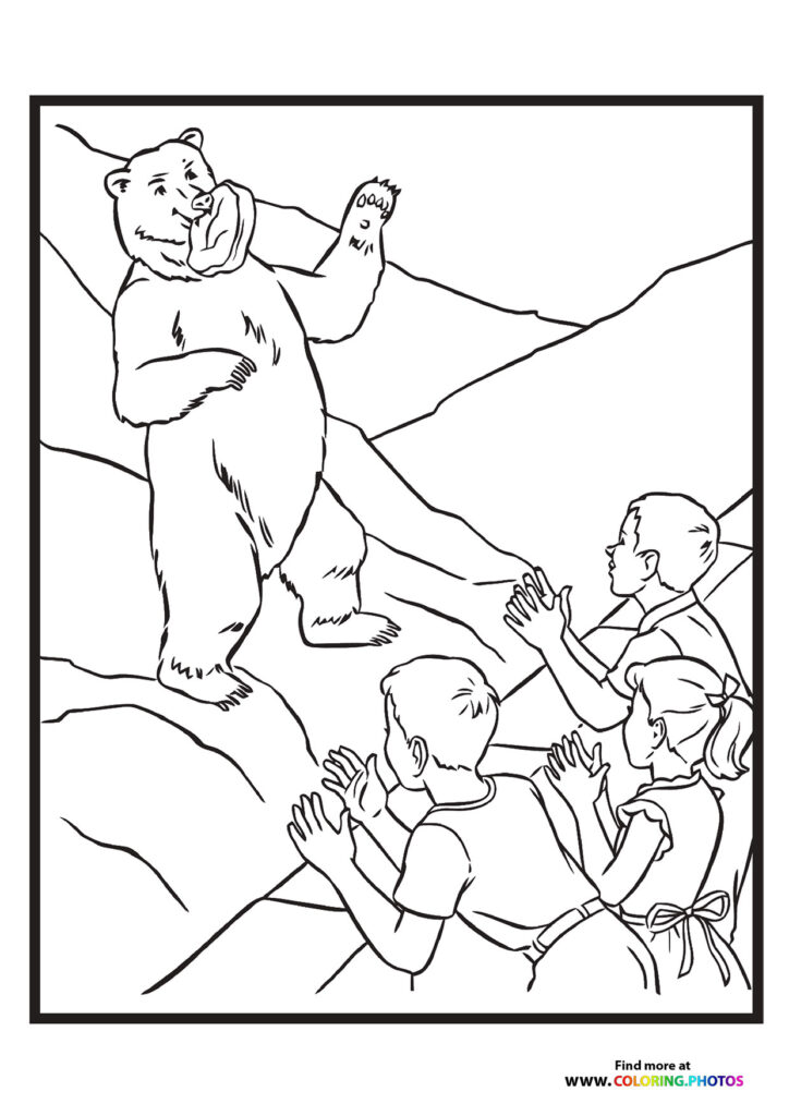 A large bear standing on hind legs with one paw raised, greeting zoo visitors including children and adults coloring page