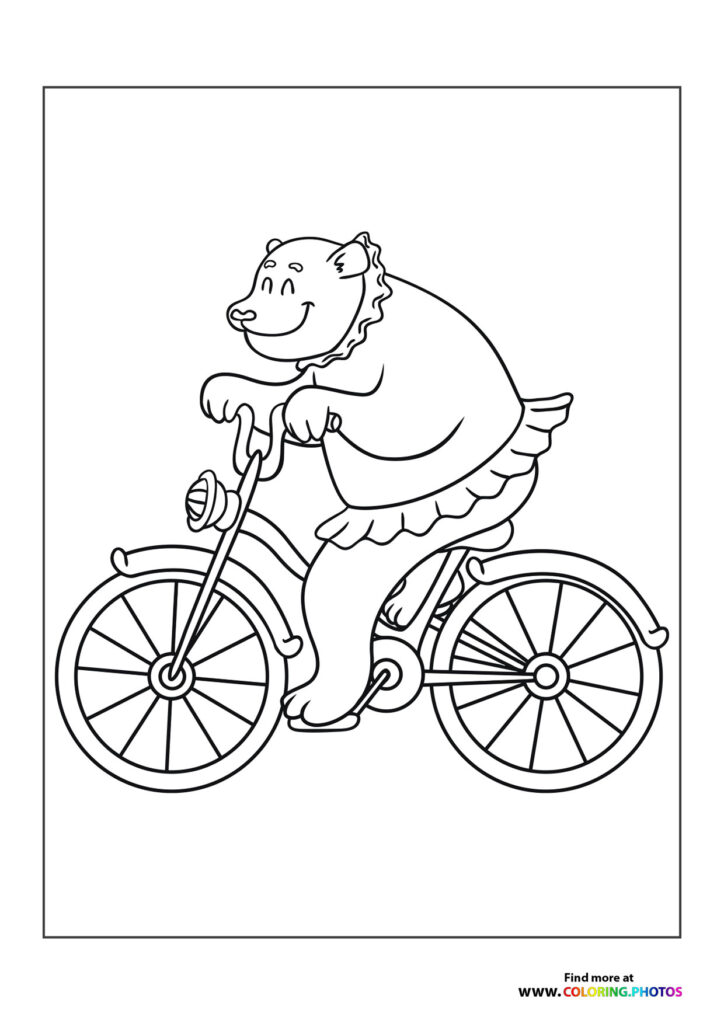 Happy bear wearing a collar and riding a bicycle coloring page