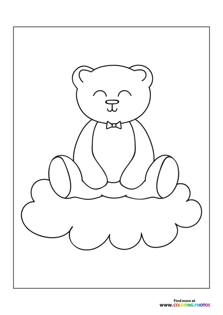 Smiling teddy bear with bow tie sitting on a fluffy cloud coloring page