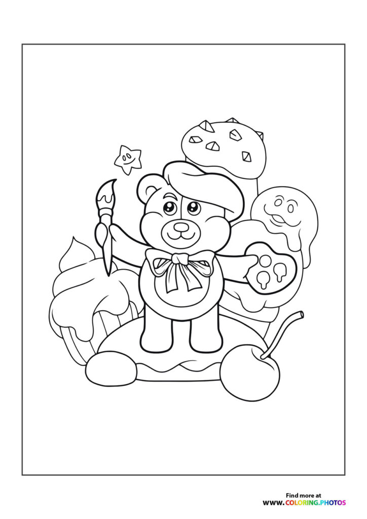 Artist bear holding paintbrush and palette surrounded by paintings coloring page