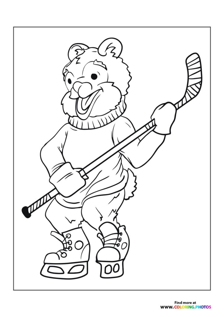 Cartoon bear in hockey uniform holding a stick and wearing ice skates coloring page
