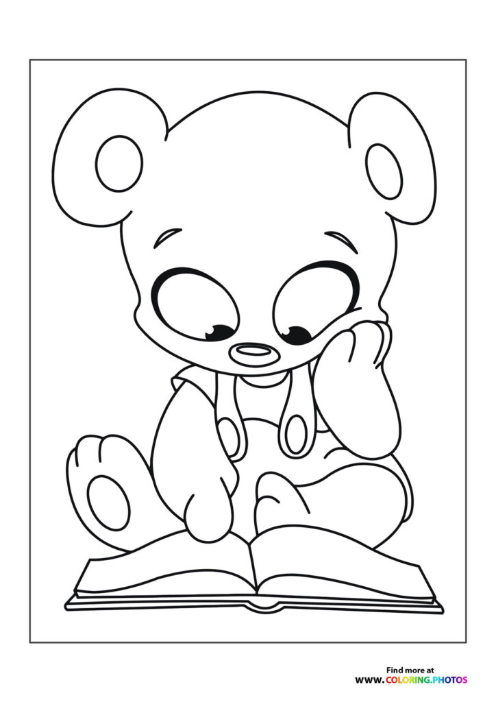Cute teddy bear reading an open book coloring page