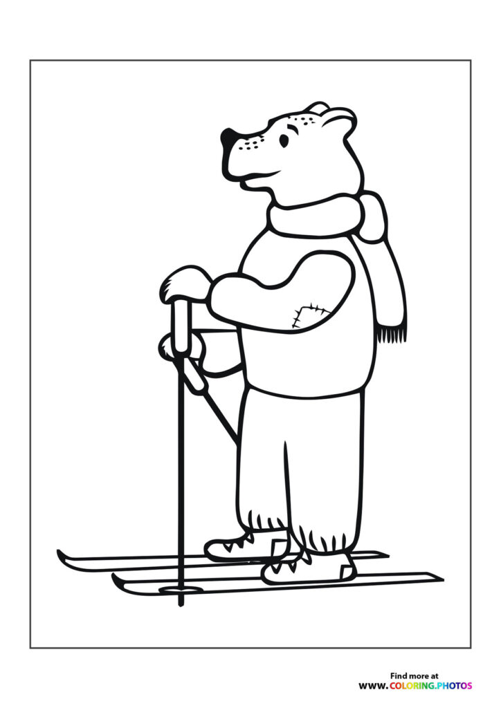 Bear standing on skis with a pole and scarf coloring page