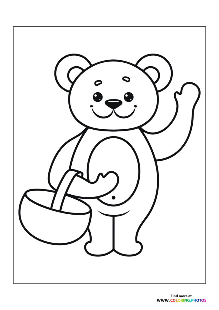 Happy bear waving with one paw raised and holding a bowl, coloring page