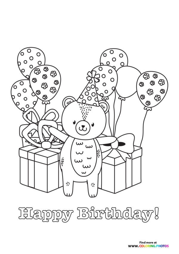 Birthday Bear with balloons coloring page