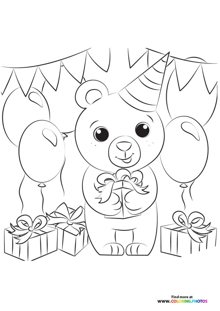 Teddy bear wearing party hat holding a gift with balloons and presents at a birthday party coloring page