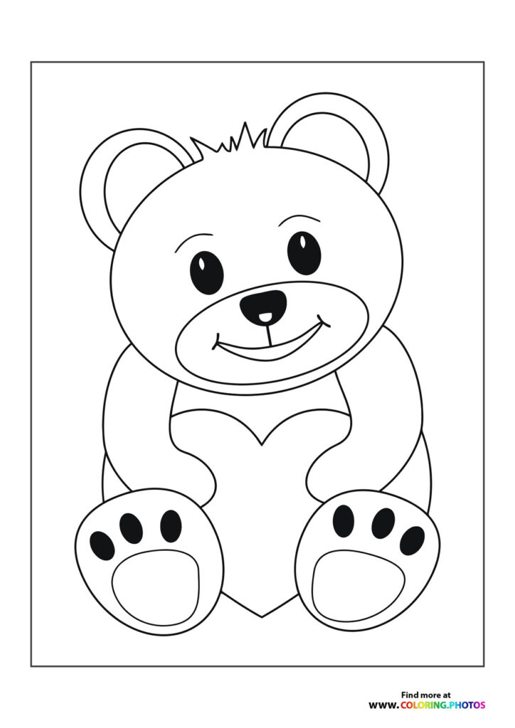 A smiling teddy bear with big eyes, round ears, and visible paw pads sitting down on a coloring page