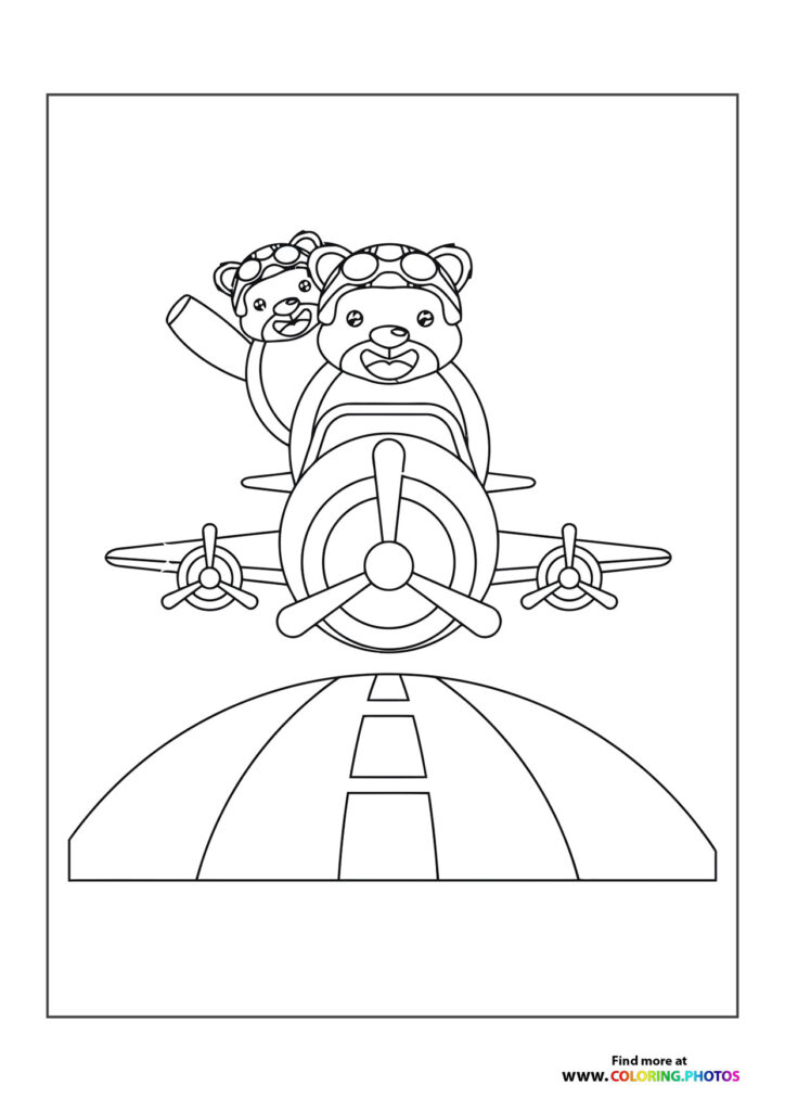 Two bears in aviator goggles piloting a vintage airplane over a patchwork landscape coloring page