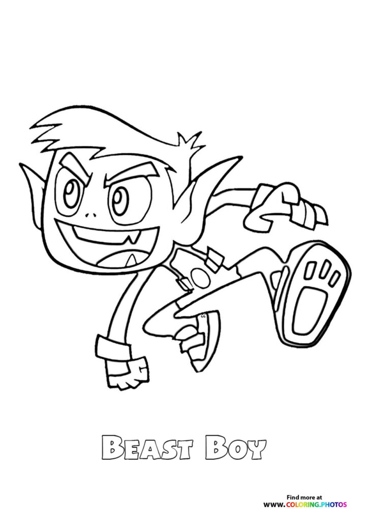 Beast Boy from Teen Titans Go jumping with arms raised and a big smile coloring page