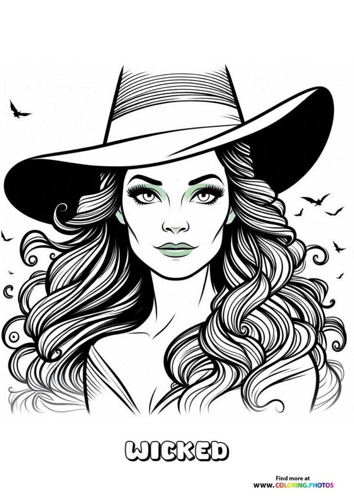 Elphaba from Wicked wearing a wide-brimmed hat with long curled hair and flying monkeys in background coloring page