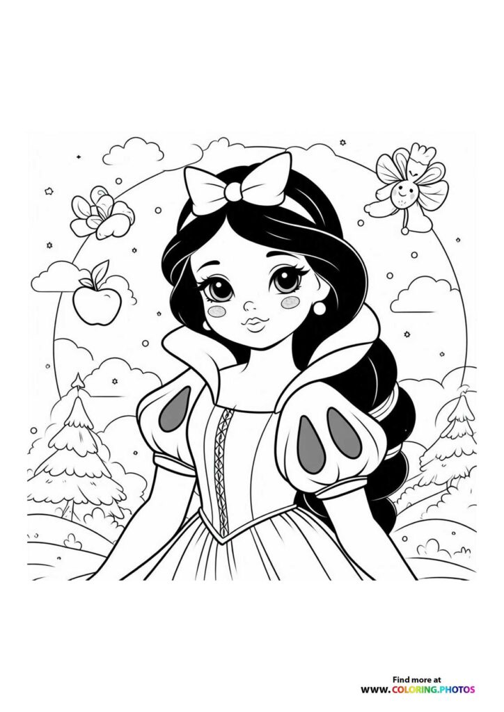 Snow White with black hair and bow in her winter dress surrounded by clouds, trees, and fairy creatures coloring page from Snow White 2025