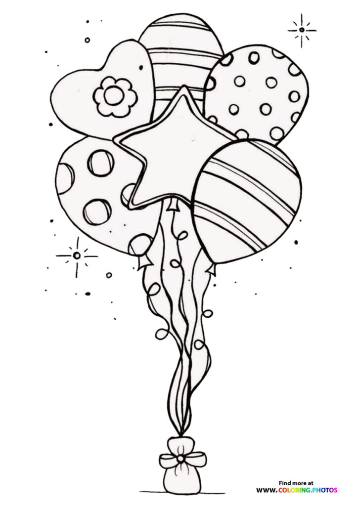 Five patterned birthday balloons with heart and round shapes tied with ribbons and a bow, surrounded by sparkles coloring page