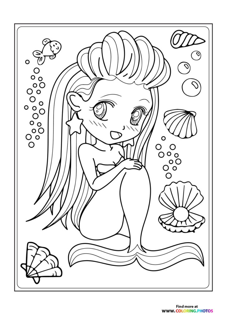 Anime mermaid with curly hair, star earring, and flowing tail surrounded by shells, fish, and bubbles coloring page