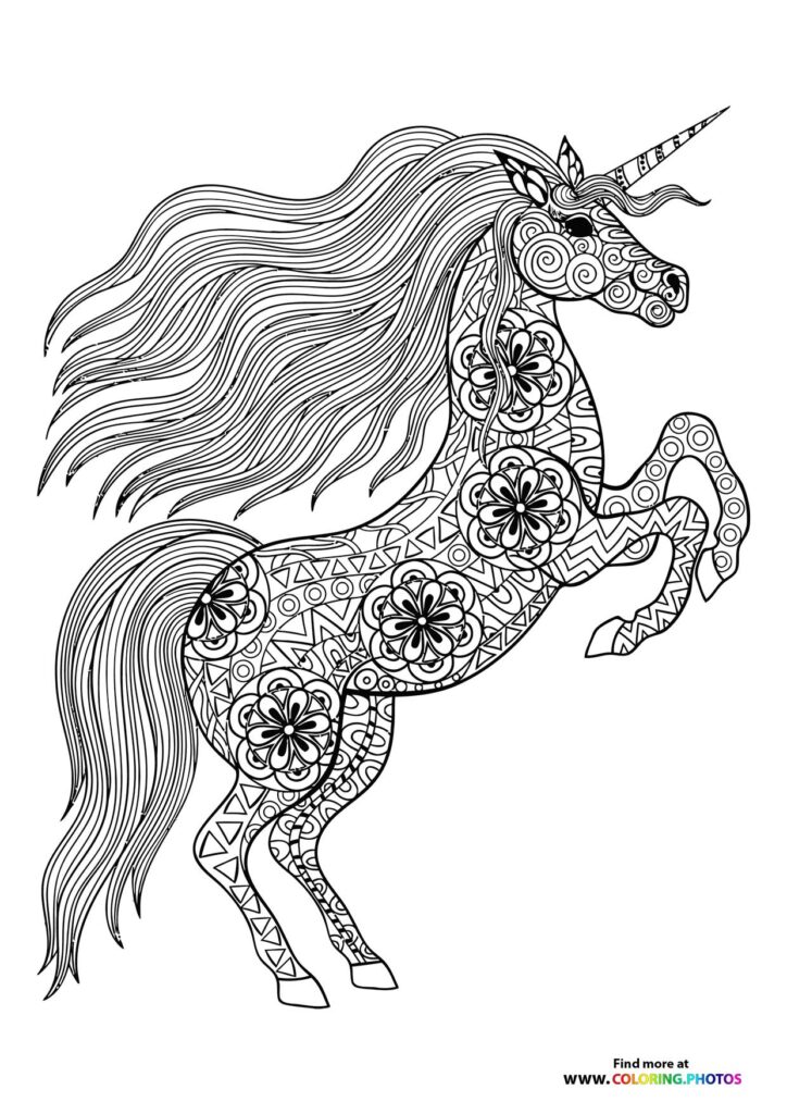 Rearing unicorn with ornamental patterns, mandalas, and flowers coloring page for adults