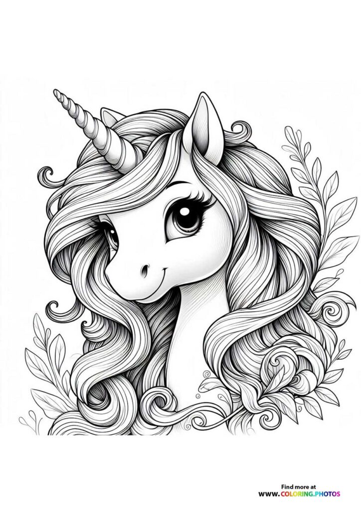 Unicorn with spiraled horn and flowing mane surrounded by decorative leaves and swirls coloring page