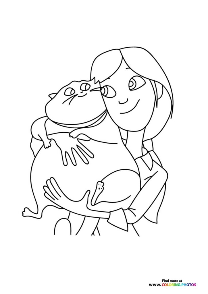 Girl hugging and holding her beloved cat with a happy smile coloring page from 10 Lives