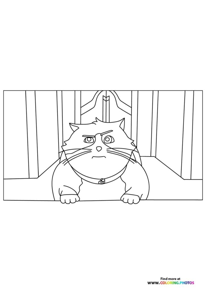 Fat orange tabby cat with angry face holding a sword coloring page from 10 Lives
