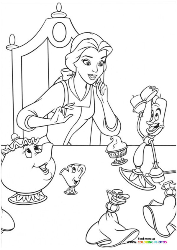 Princess Belle playing with friends coloring page
