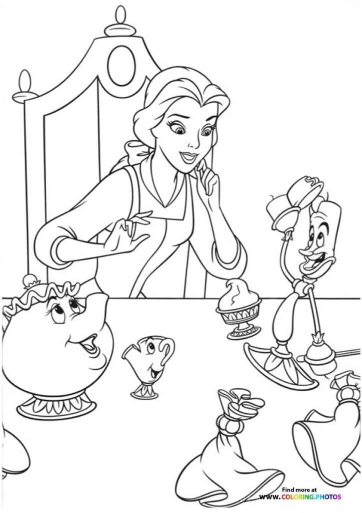 Belle standing with Lumiere, Mrs. Potts, Chip, and Cogsworth in the castle from Beauty and the Beast coloring page