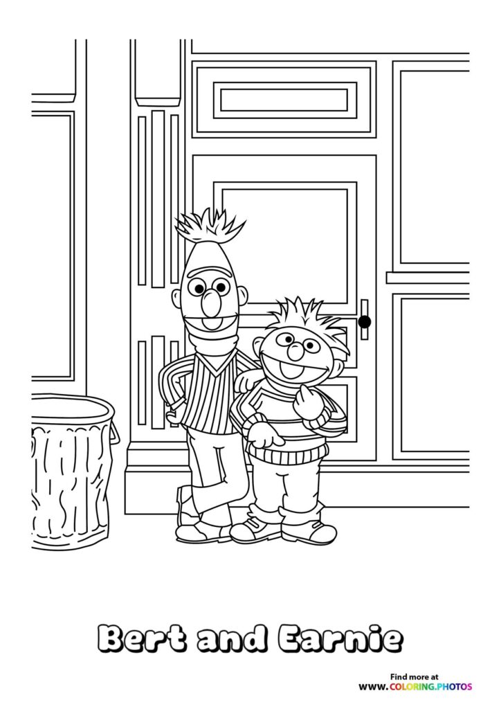 Bert and Ernie standing in their apartment next to a trash can coloring page from Sesame Street