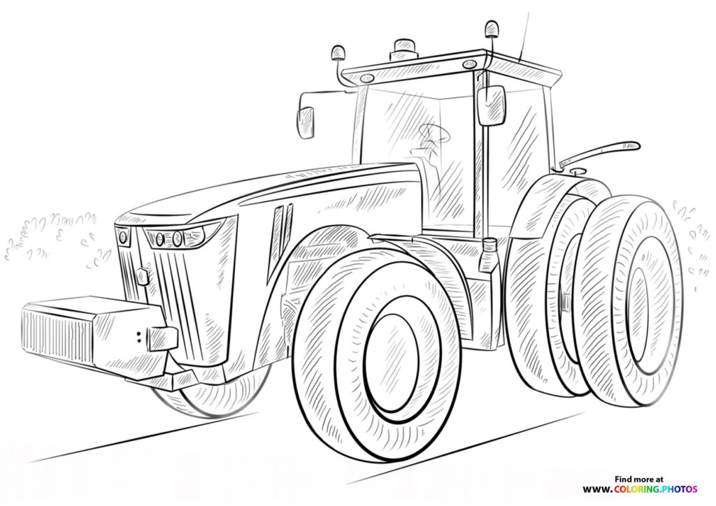 Farm tractor with large treaded wheels and cabin with lights coloring page