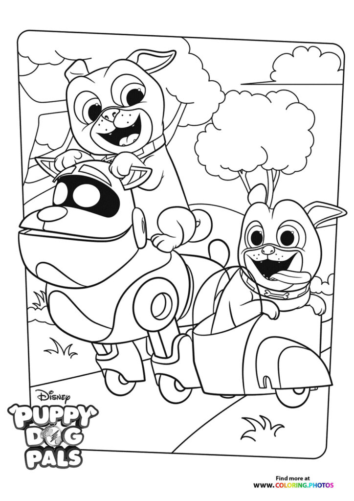 Bingo and Rolly riding together in a small car with clouds in the background, Puppy Dog Pals coloring page