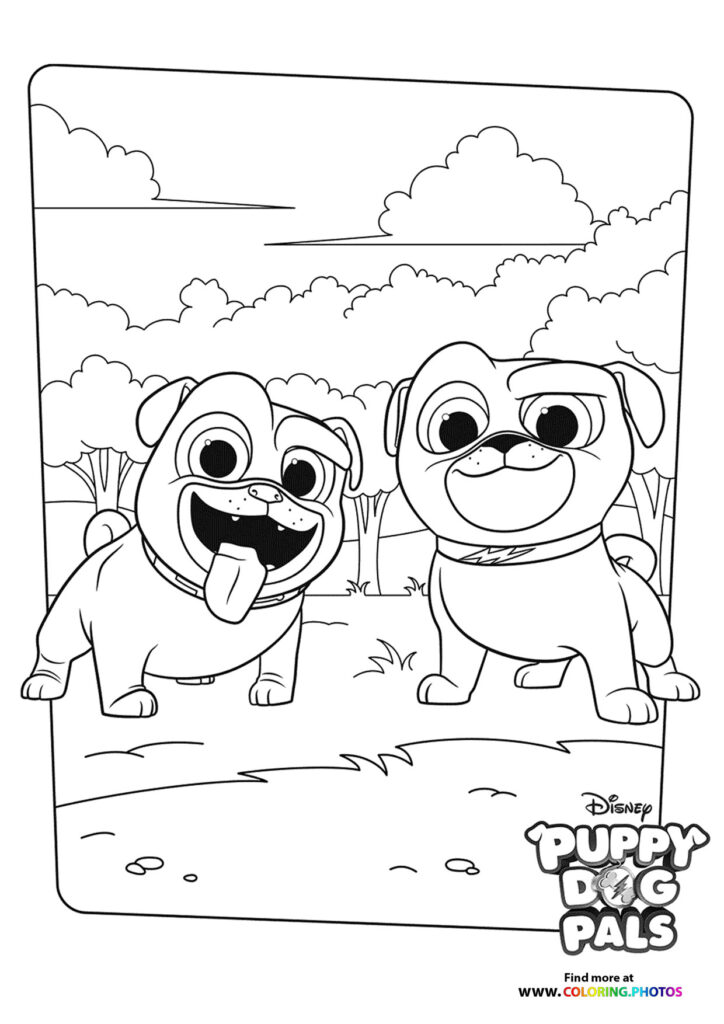Bingo and Rolly from Puppy Dog Pals playing outdoors with clouds in the sky coloring page