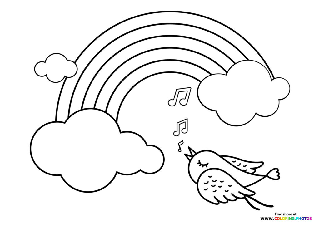 Singing bird with musical notes flying under a rainbow with clouds coloring page