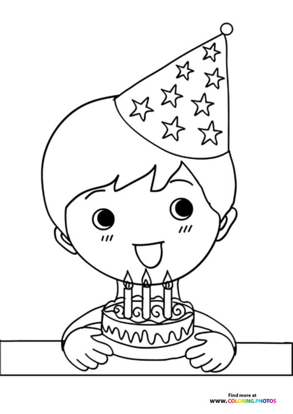 Birthday boy with cake coloring page