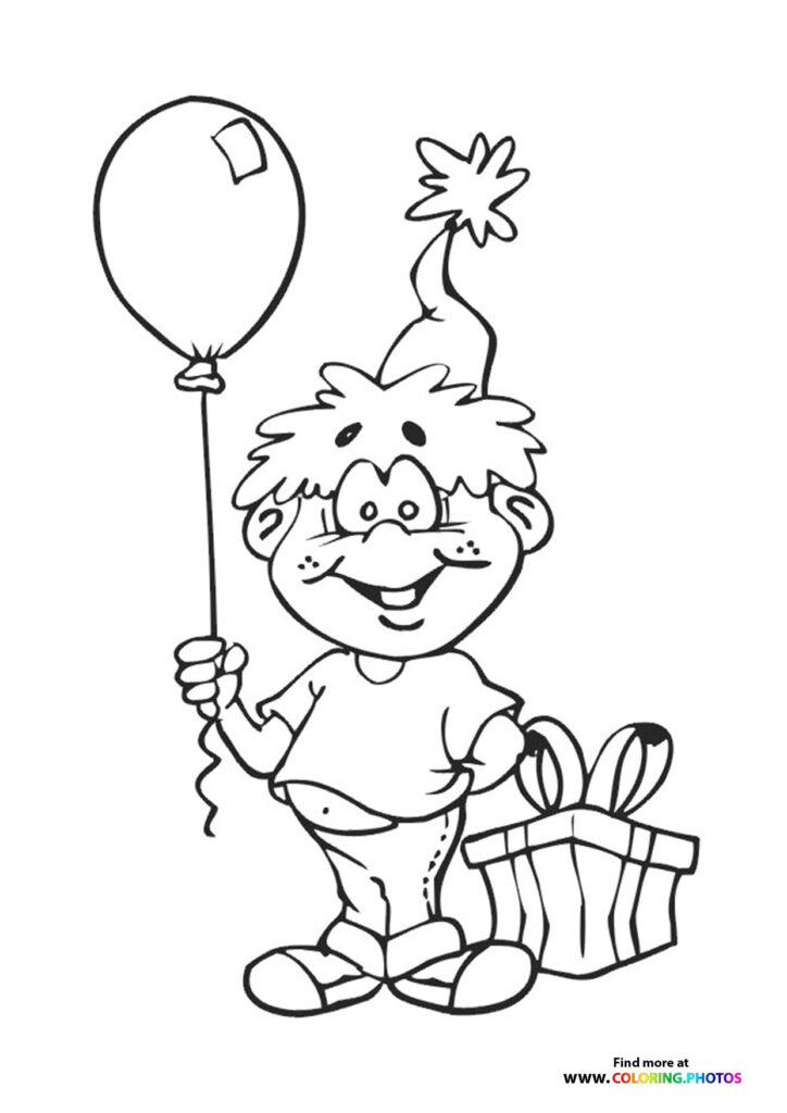 Happy birthday boy holding a balloon and wearing a party hat with a wrapped gift coloring page