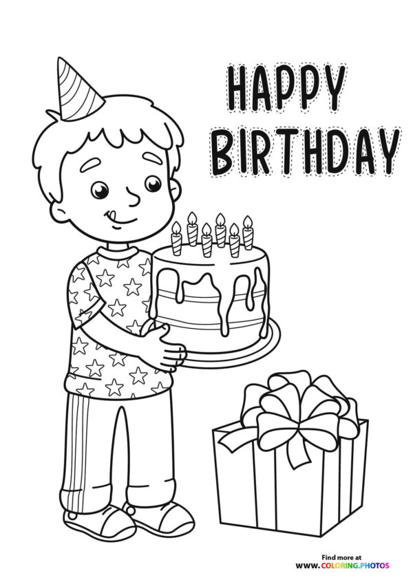 Birthday boy with present coloring page