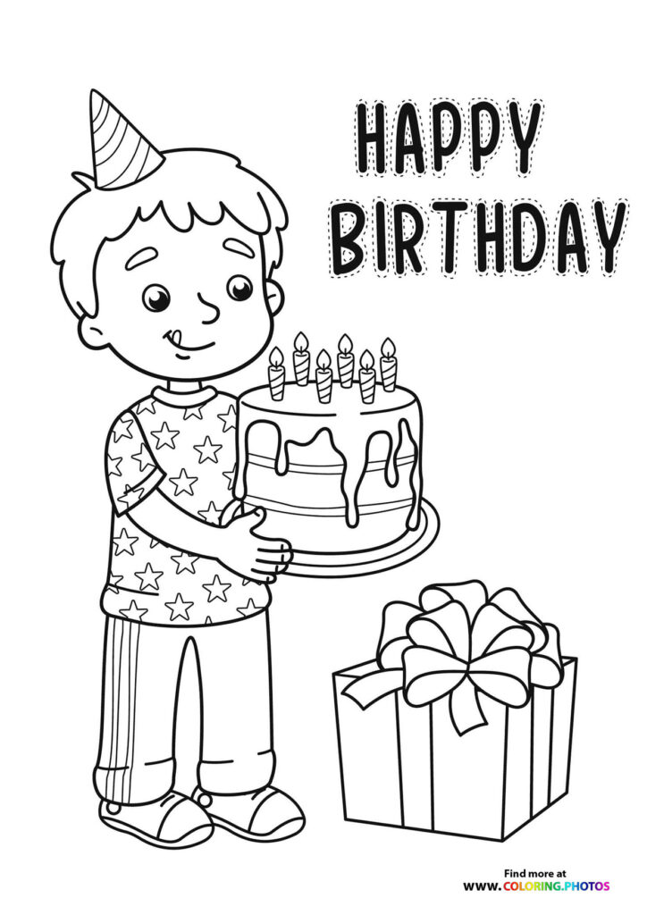 A smiling birthday boy wearing a party hat holding a birthday cake with candles and a wrapped gift coloring page