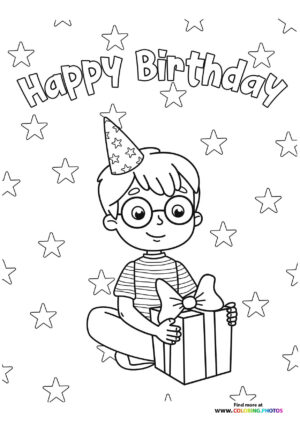Happy Birthday boy with present coloring page
