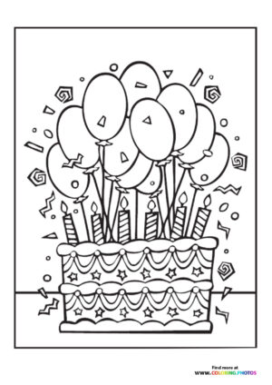 Birthday cake with ballons coloring page