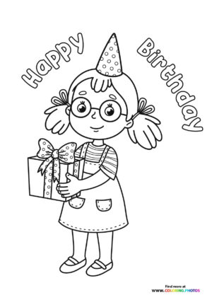 Birthday girl with a present coloring page