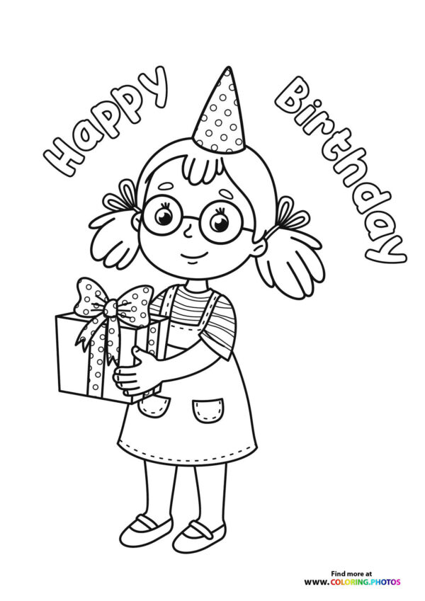 Birthday girl with a present coloring page