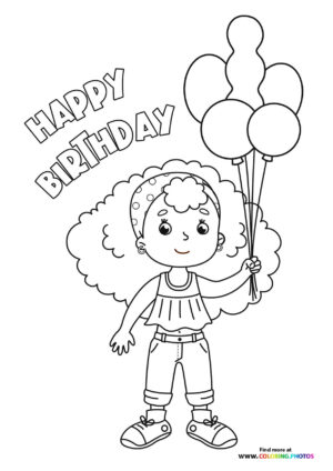 Birthday girl with balloons coloring page