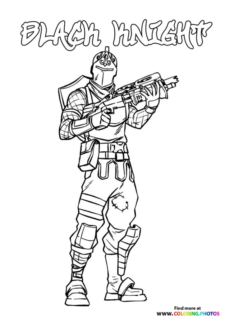 Black Knight Fortnite skin in full armor holding an assault rifle coloring page