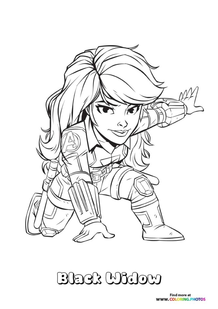 Black Widow in tactical suit with gauntlets and flowing hair striking an action pose from Marvel Rivals coloring page