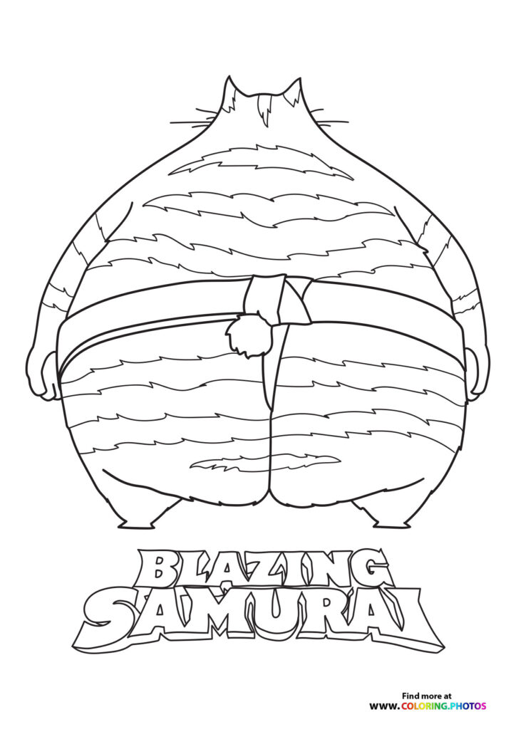 Blazing Samurai sumo wrestler cat with striped belly and loincloth coloring page