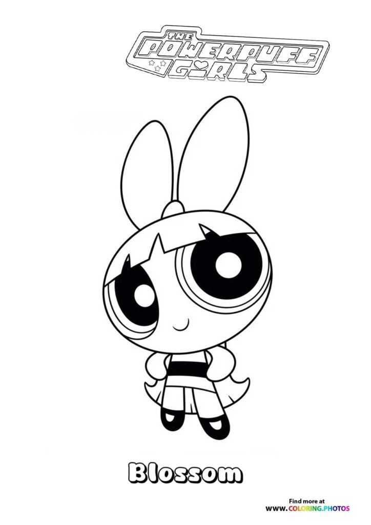 Blossom from The Powerpuff Girls with pink bow and red dress coloring page